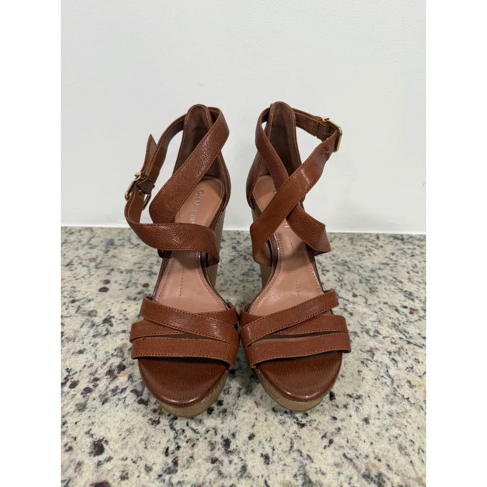 Gianni Bini Brown Leather Wedge Sandals Multi Strap Platform Heels Womens 6M
